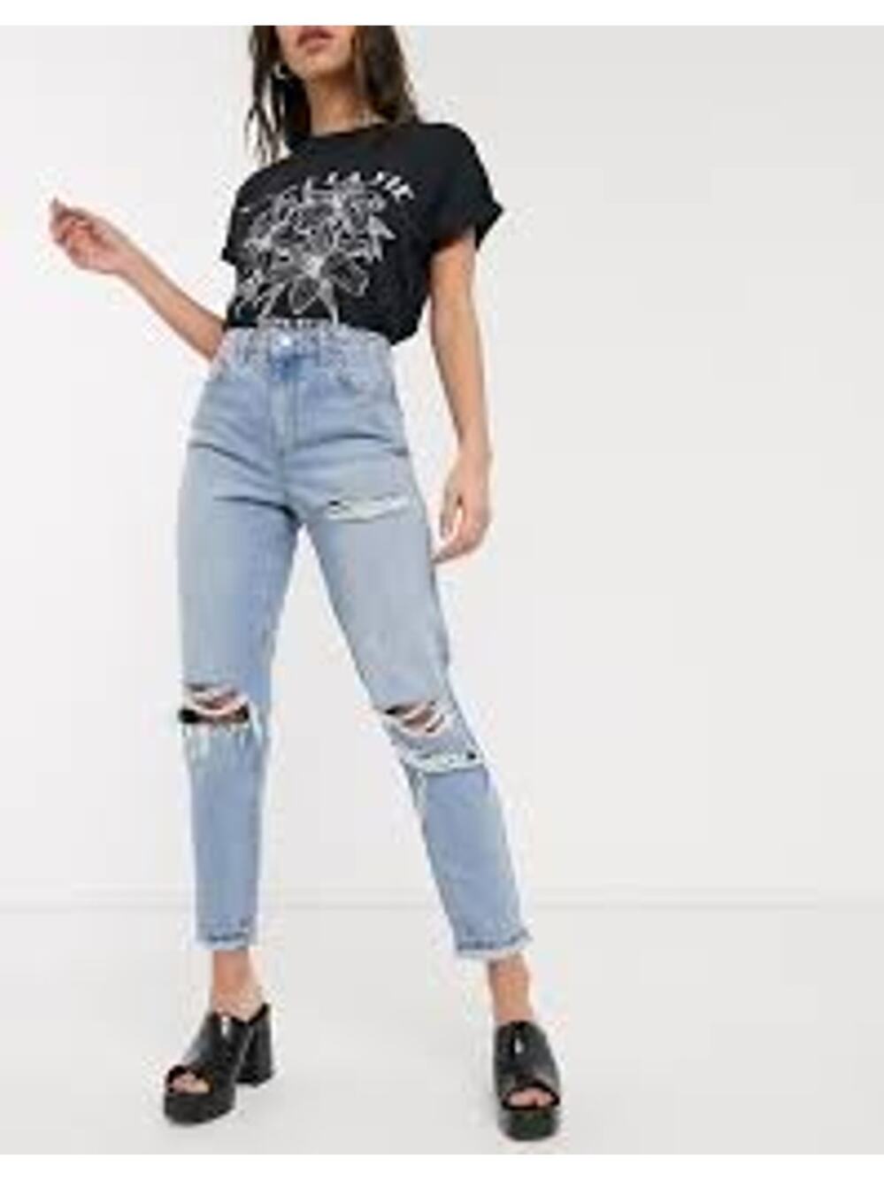 Topshop Super-Rip Distressed Mom Jeans Bleach High Rise Button Fly 28 Light Wash